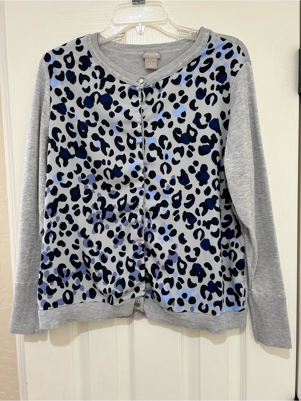 Chico's Gray Cardigan Sweater with Blue and Black Leopard Print Front LIKE NEW